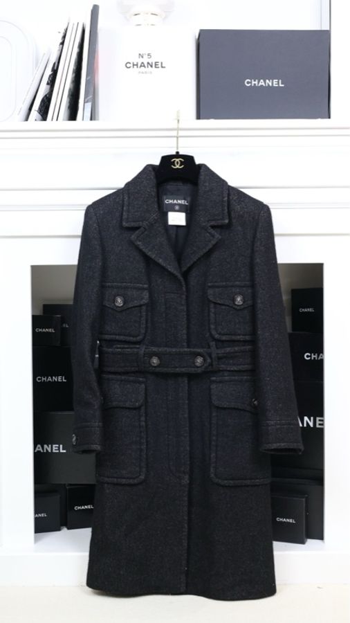 Chanel 13年做旧黑色羊毛收腰四口袋大衣外套-0