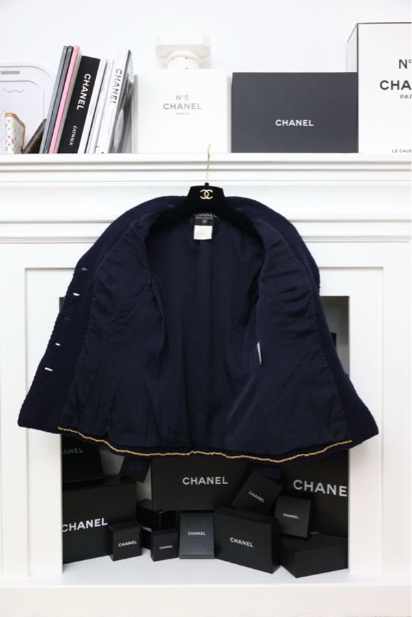 Chanel 96年海军蓝单色毛呢四口袋琉璃扣外套-4