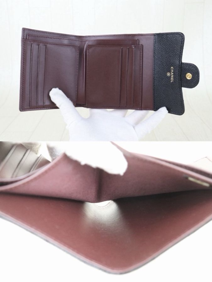 「JL精品代購」98新 香奈兒黑金魚子醬短款三折錢包-6
