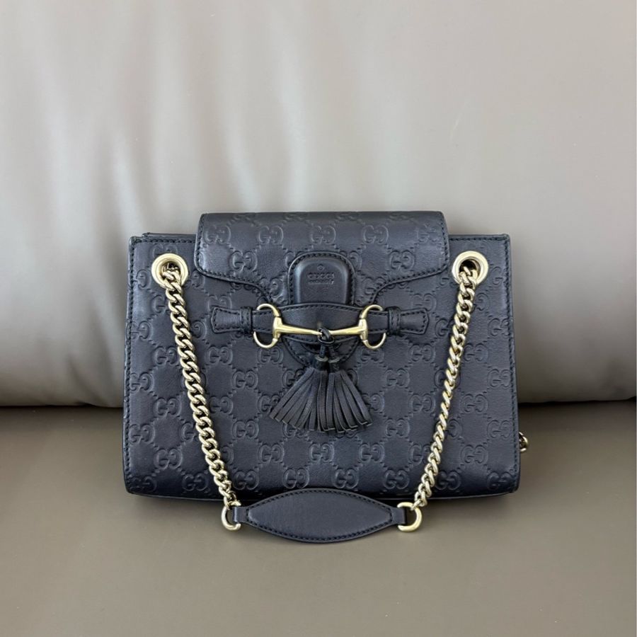 古馳/Gucci 壓紋流蘇馬銜扣鏈條包 底長25 黑標017-0
