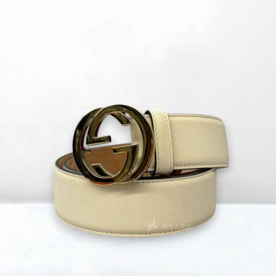 A13396-Gucci GG Supreme白色牛皮銀釦皮帶370543-0