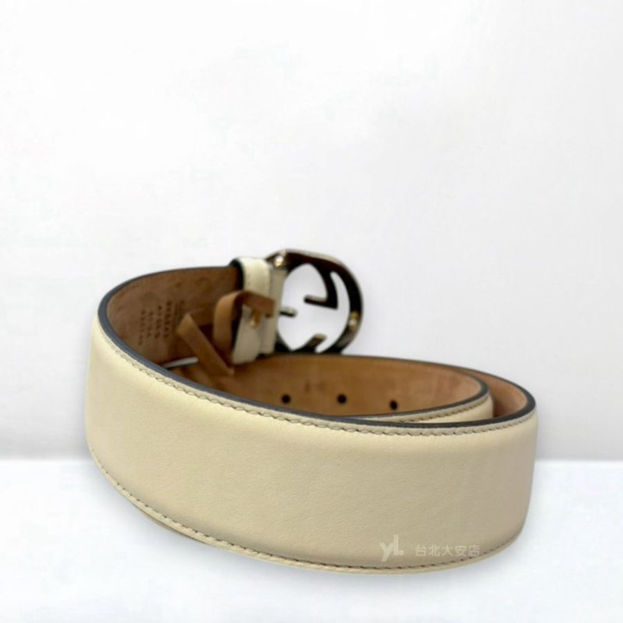 A13396-Gucci GG Supreme白色牛皮銀釦皮帶370543-2