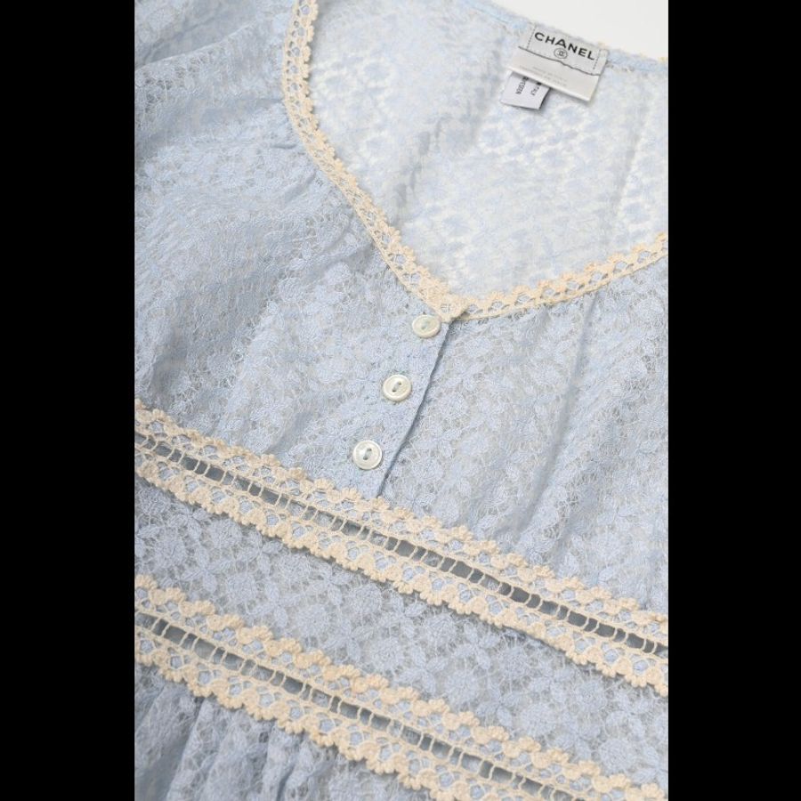 Chanel 07年天蓝色蕾丝滚边小飞袖上衣外套-13