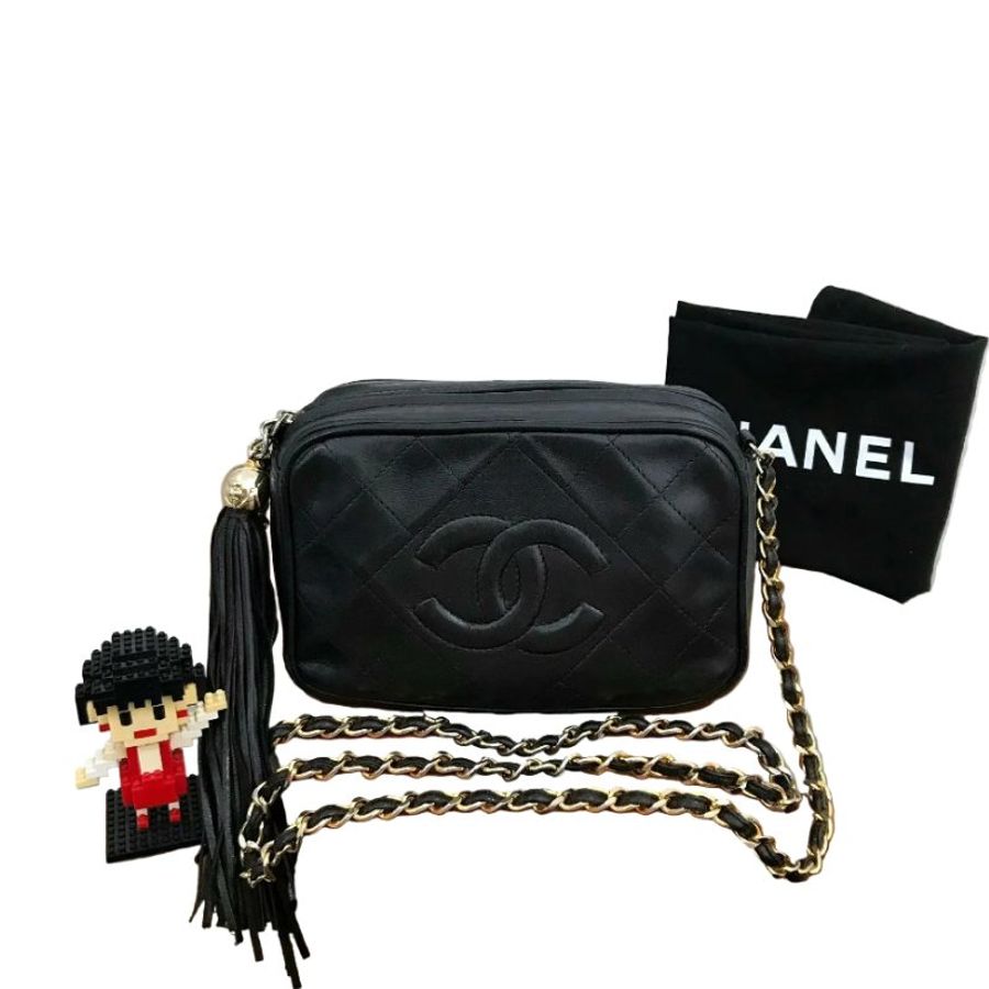 Chanel香奈兒黑金菱格紋相機鏈條包-0