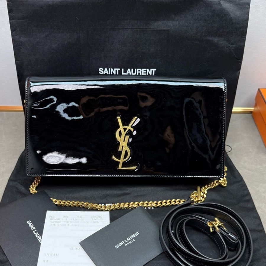 YSL聖羅蘭,漆皮kate黑金鍊條腋下包-0