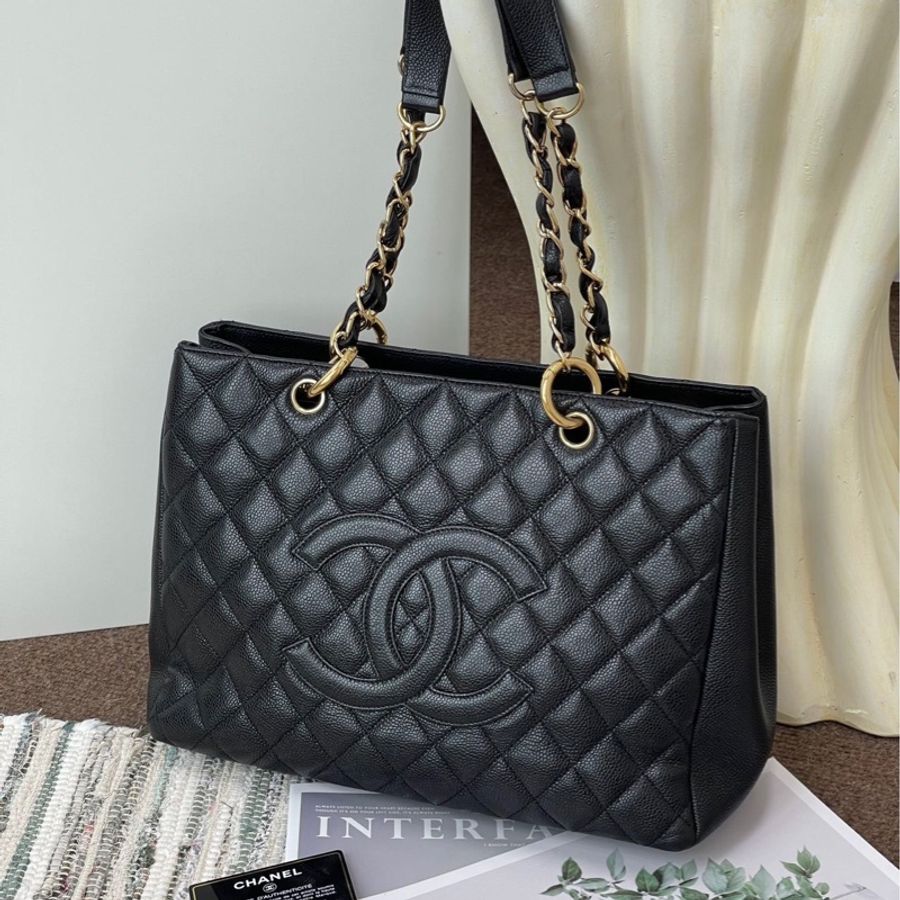 chanel香奈兒 GST黑銀荔枝皮托特包 黑金配色-0