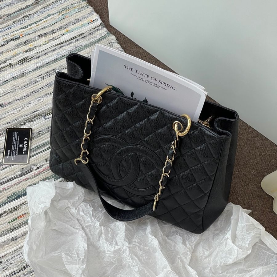 chanel香奈兒 GST黑銀荔枝皮托特包 黑金配色-5