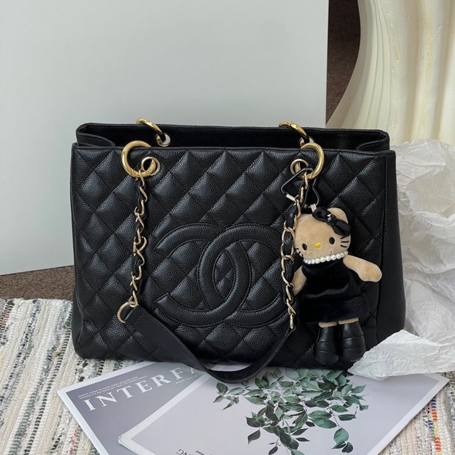 chanel香奈兒 GST黑銀荔枝皮托特包 黑金配色-6
