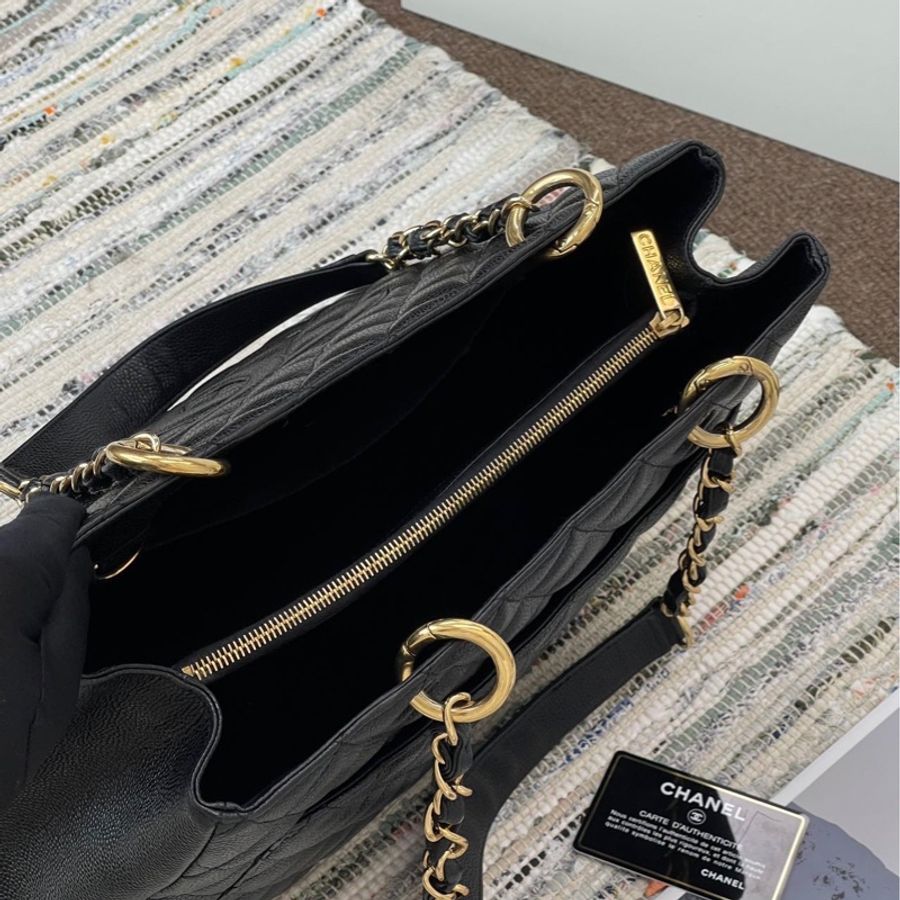 chanel香奈兒 GST黑銀荔枝皮托特包 黑金配色-8