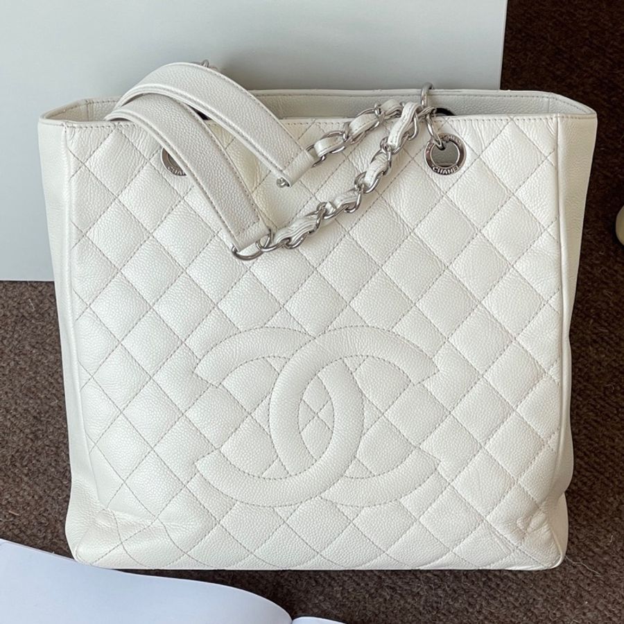 chanel香奈兒 gst白色荔枝紋托特包 單肩包-0