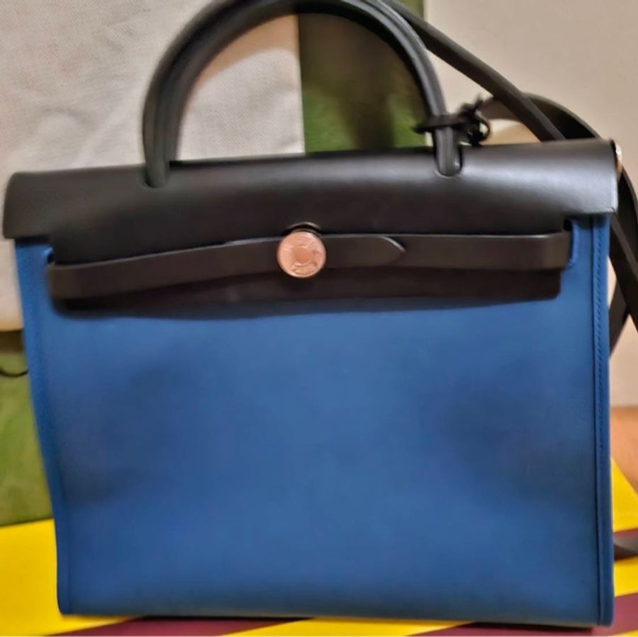 Hermes 藍色拼黑色皮革Herbag-5