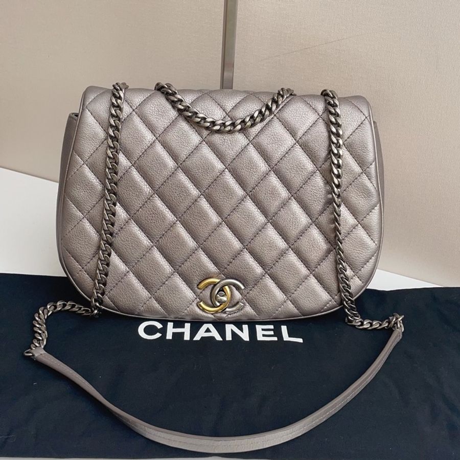 CHANEL/香奈兒 馬鞍包 銀色菱格紋 鏈條包單肩包-8
