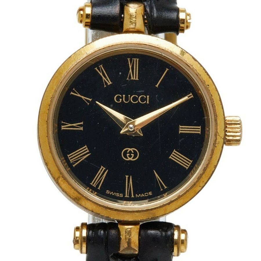 Gucci手錶,非原廠錶帶,石英機芯,黑色錶盤,鍍皮女士手錶。-0