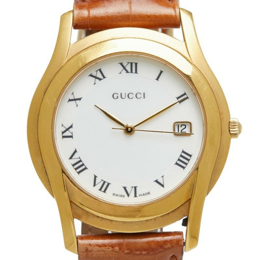 Gucci手錶,非原廠錶帶,5400M石英機芯,白色錶盤,不鏽鋼鍍層皮革男士手錶。-0