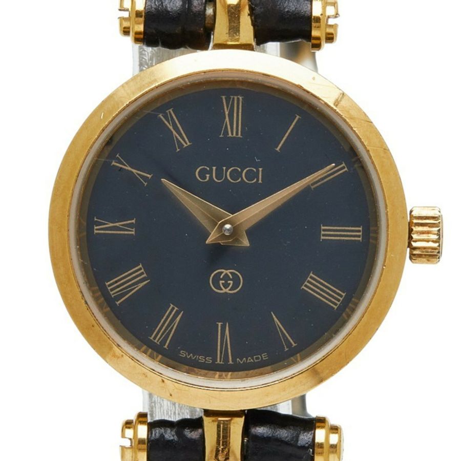 Gucci手錶,非原廠錶帶,石英機芯,黑色錶盤,鍍皮女士手錶。-0