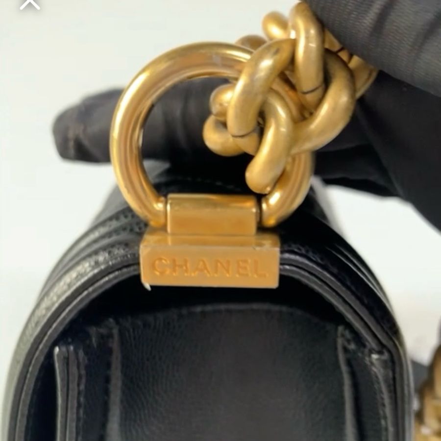 Chanel香奈兒 黑金Leboy中號鏈條包肩背包斜挎包 黑色荔枝皮-7