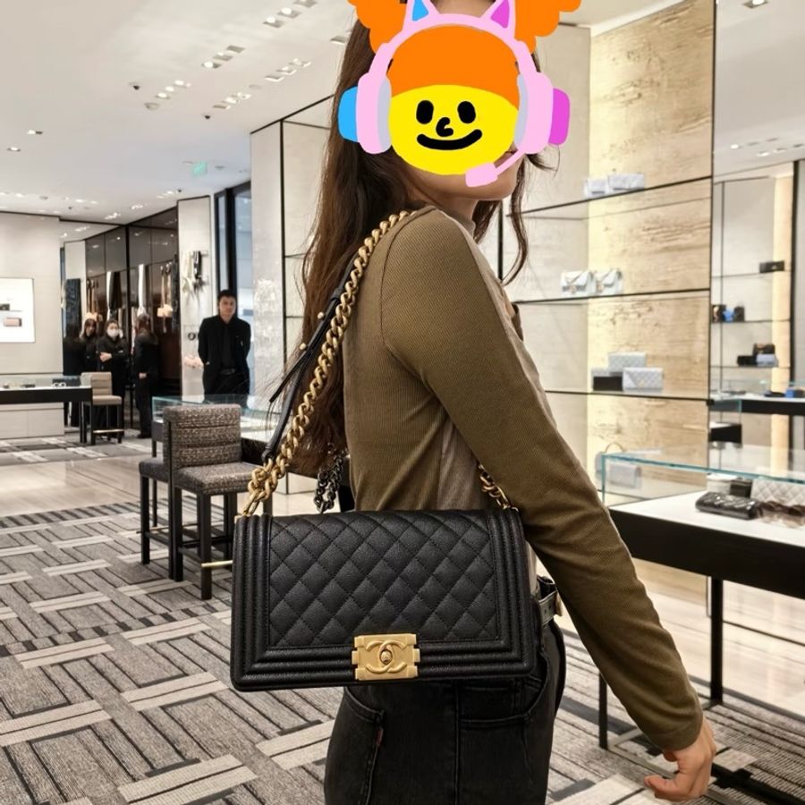 Chanel香奈兒 黑金Leboy中號鏈條包肩背包斜挎包 黑色荔枝皮-8