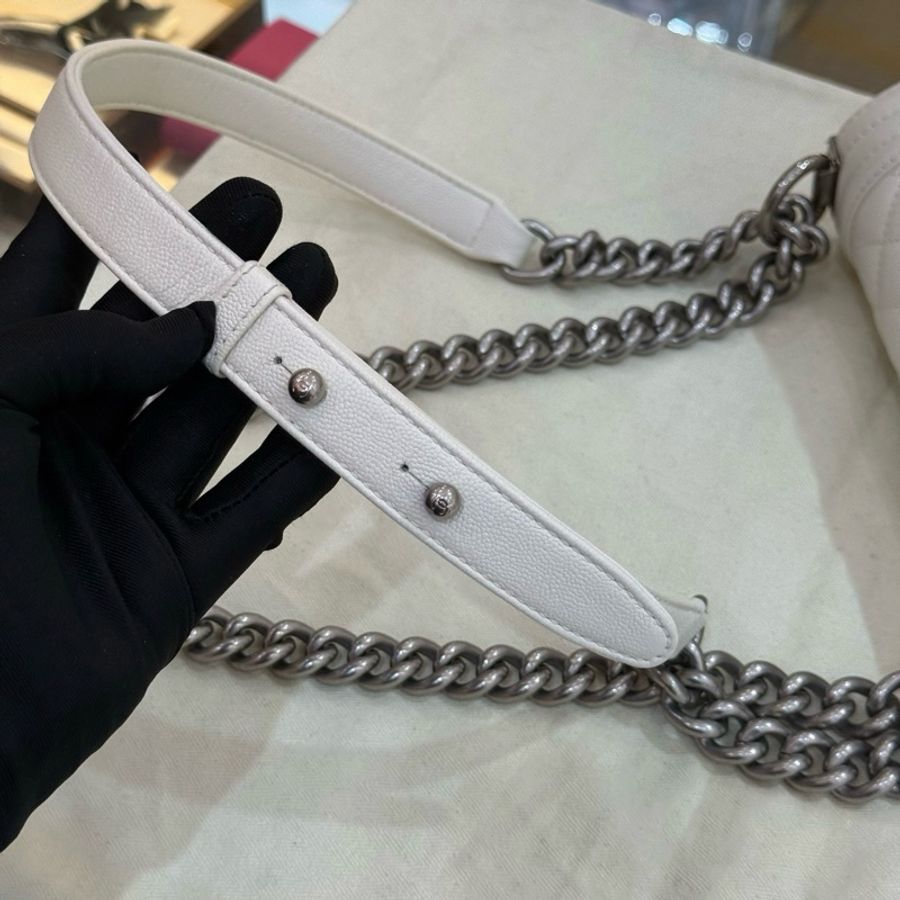 CHANEL/香奈兒 leboy小號 白色魚子醬牛皮銀扣 做舊金屬鏈條 斜挎包單肩包 芯片款-8