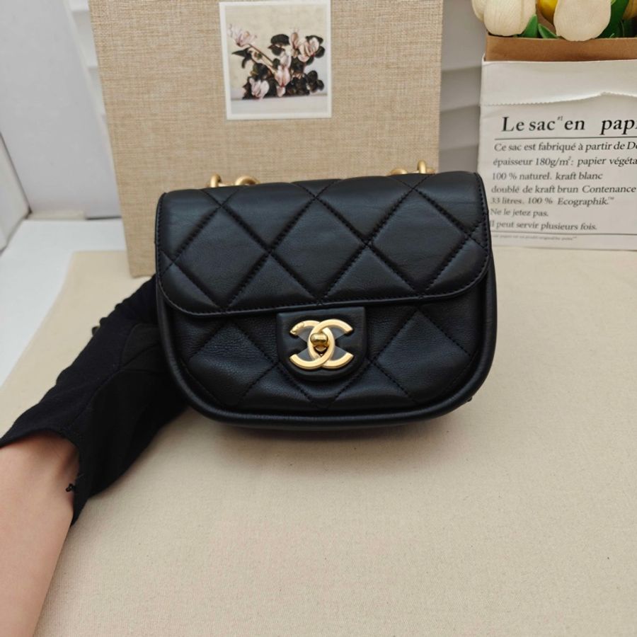 Chanel 香奈兒 黑金粗鏈條手柄馬鞍包單肩包斜挎包 芯片款-1