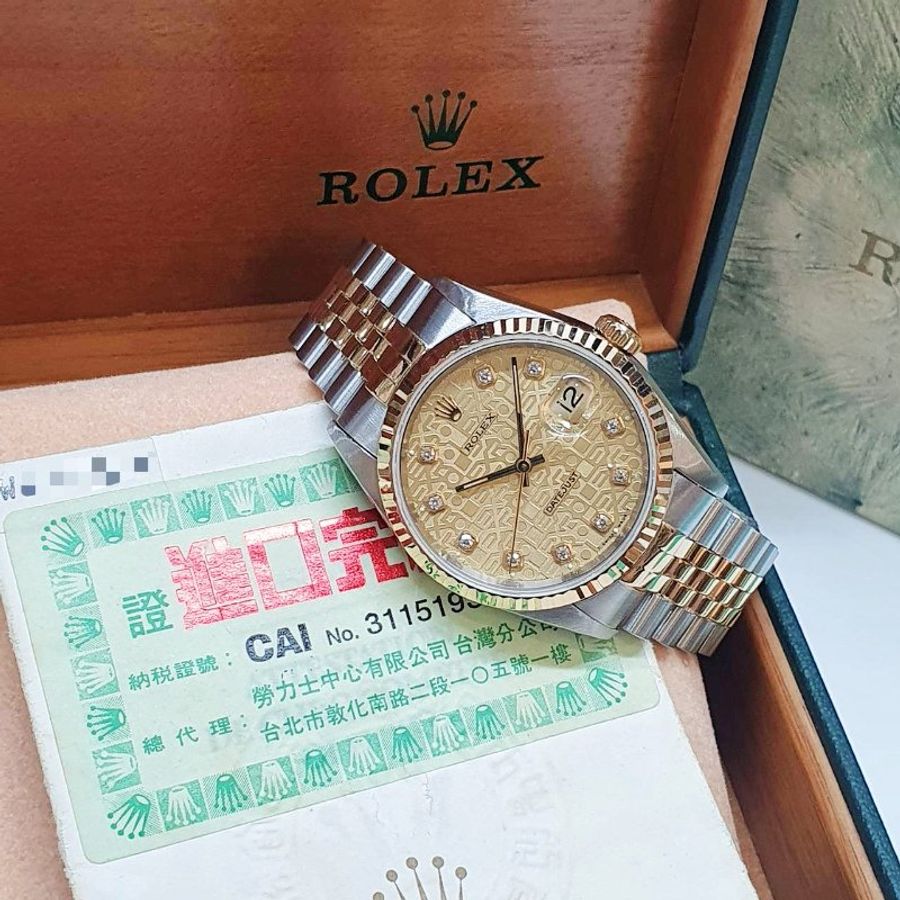 【大眾名錶】ROLEX 勞力士16233 Datejust 蠔式日誌 新包台 金色十鑽紀念面盤 電腦面盤 錶耳無孔 台灣AD 錶徑36mm 大眾名錶G361-2