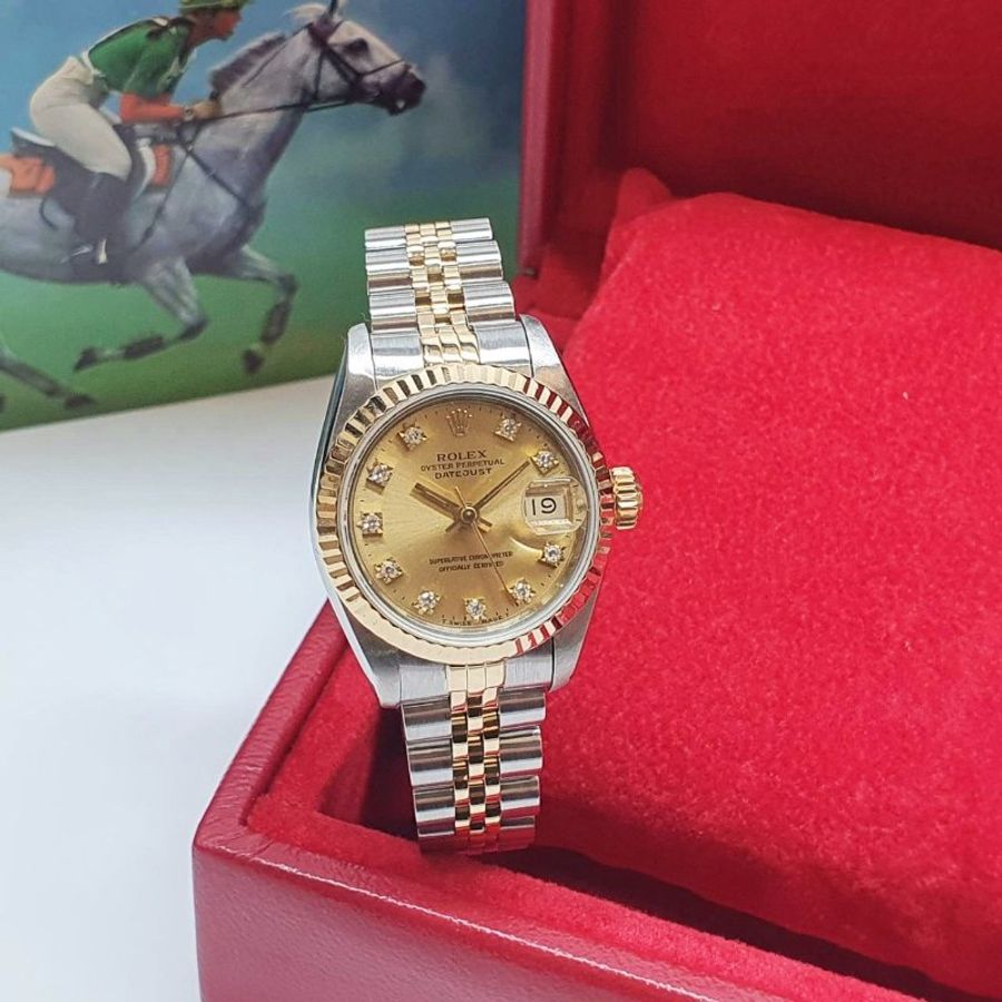 【大眾名錶】ROLEX 勞力士69173 Datejust 蠔式日誌 蠔式女錶 金色十鑽面盤 錶徑26mm 自動上鍊 18K金及不鏽鋼 大眾名錶B1475-1