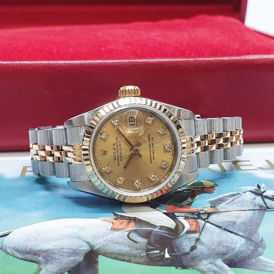 【大眾名錶】ROLEX 勞力士69173 Datejust 蠔式日誌 蠔式女錶 金色十鑽面盤 錶徑26mm 自動上鍊 18K金及不鏽鋼 大眾名錶B1475-4