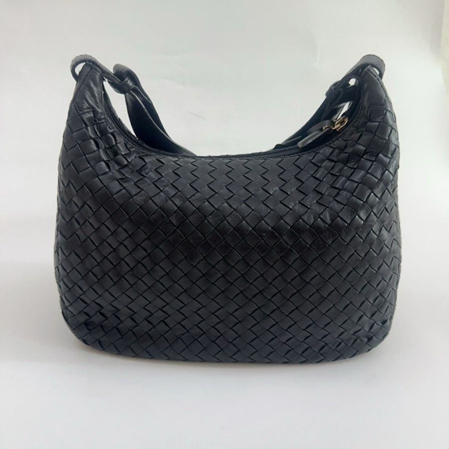 Bottega Veneta 葆蝶家 黑色編織hobo單肩斜挎包,肩帶可以調節男女同款-1