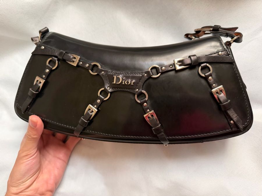 🌟稀有vintage Dior bondage 亮面牛皮肩背包-3