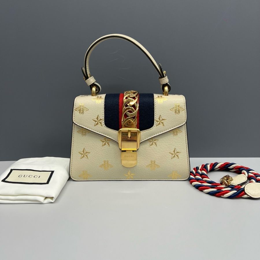 Gucci古馳 白色燙金蜜蜂Sylvie塞爾維亞手提斜挎包-0