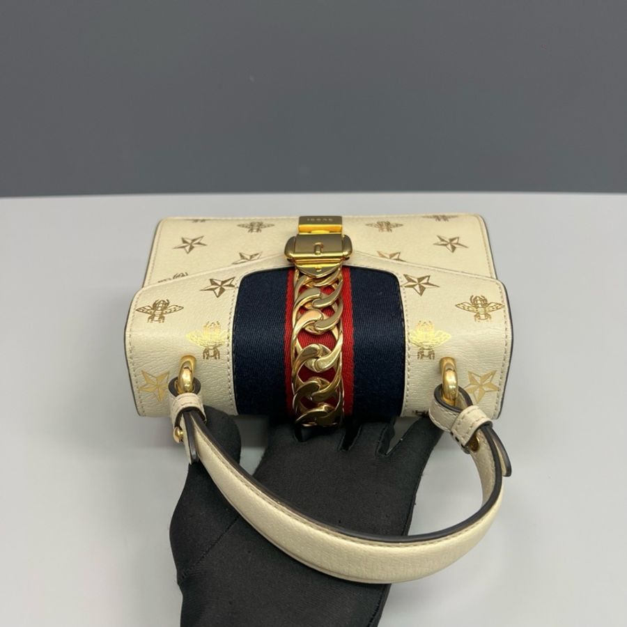 Gucci古馳 白色燙金蜜蜂Sylvie塞爾維亞手提斜挎包-5