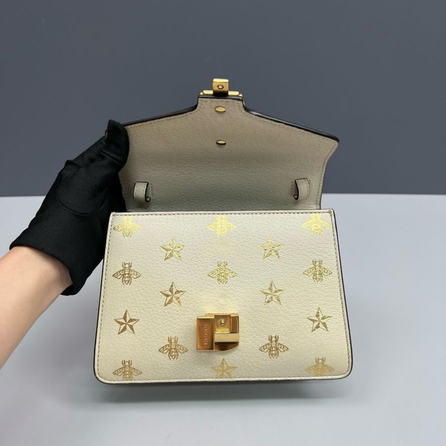 Gucci古馳 白色燙金蜜蜂Sylvie塞爾維亞手提斜挎包-6