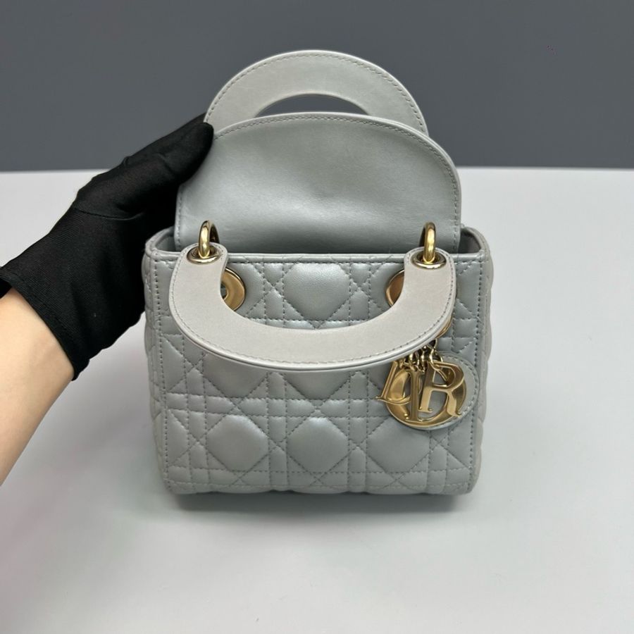 Dior迪奧 珠光銀灰色三格戴妃包 97新-6