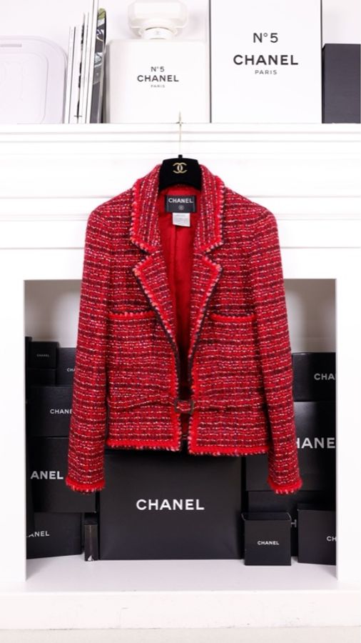 Chanel 01年玫紫色粗花呢腰带两口袋上衣无袖连衣裙套装-1