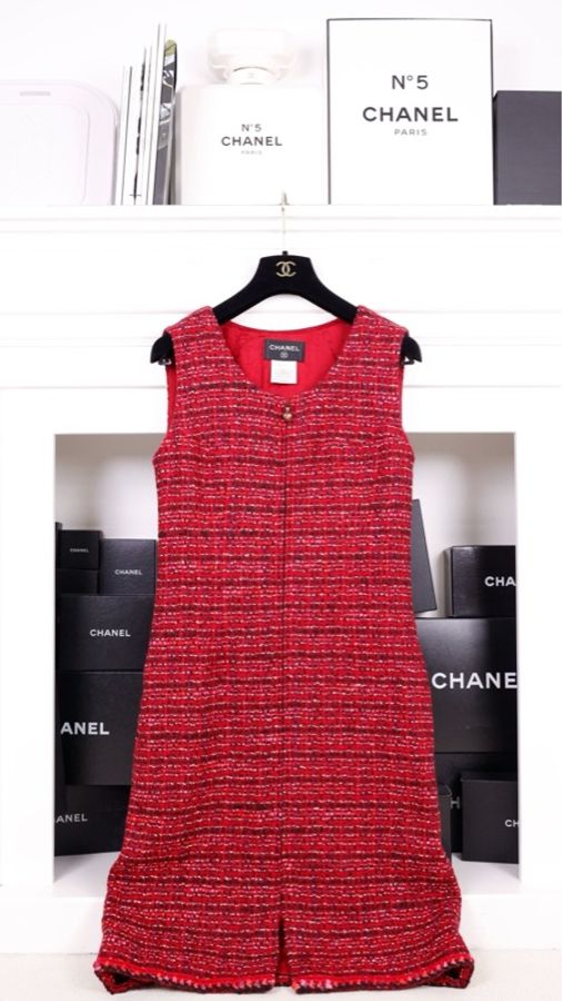 Chanel 01年玫紫色粗花呢腰带两口袋上衣无袖连衣裙套装-4