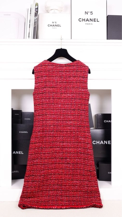 Chanel 01年玫紫色粗花呢腰带两口袋上衣无袖连衣裙套装-5