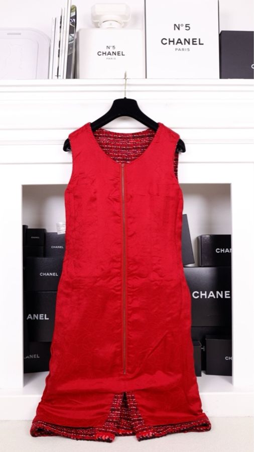 Chanel 01年玫紫色粗花呢腰带两口袋上衣无袖连衣裙套装-7