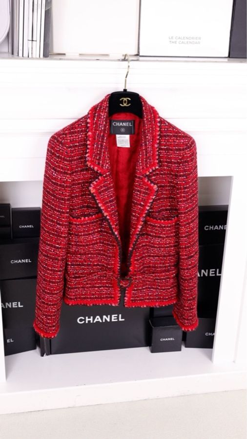 Chanel 01年玫紫色粗花呢腰带两口袋上衣无袖连衣裙套装-10