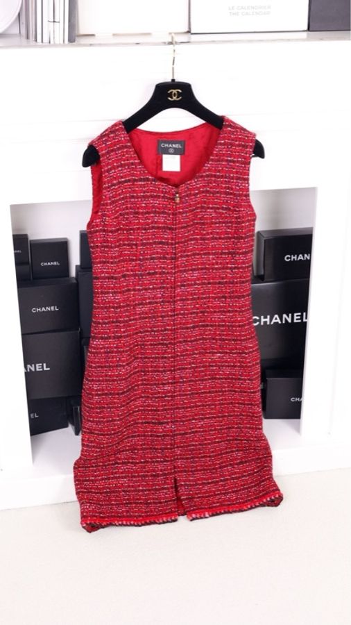 Chanel 01年玫紫色粗花呢腰带两口袋上衣无袖连衣裙套装-11