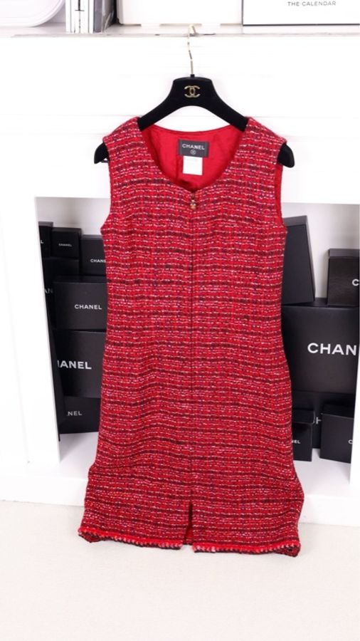 Chanel 01年玫紫色粗花呢腰带两口袋上衣无袖连衣裙套装-12