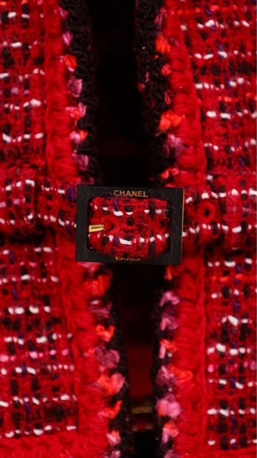Chanel 01年玫紫色粗花呢腰带两口袋上衣无袖连衣裙套装-18