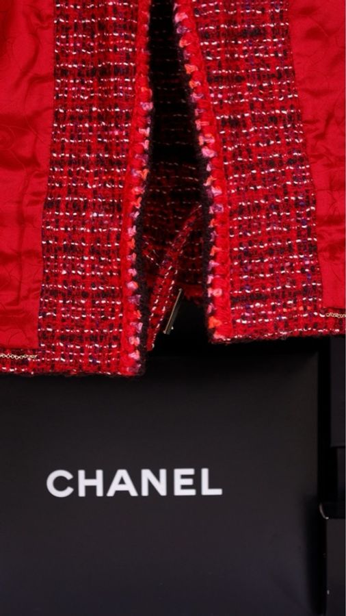Chanel 01年玫紫色粗花呢腰带两口袋上衣无袖连衣裙套装-37