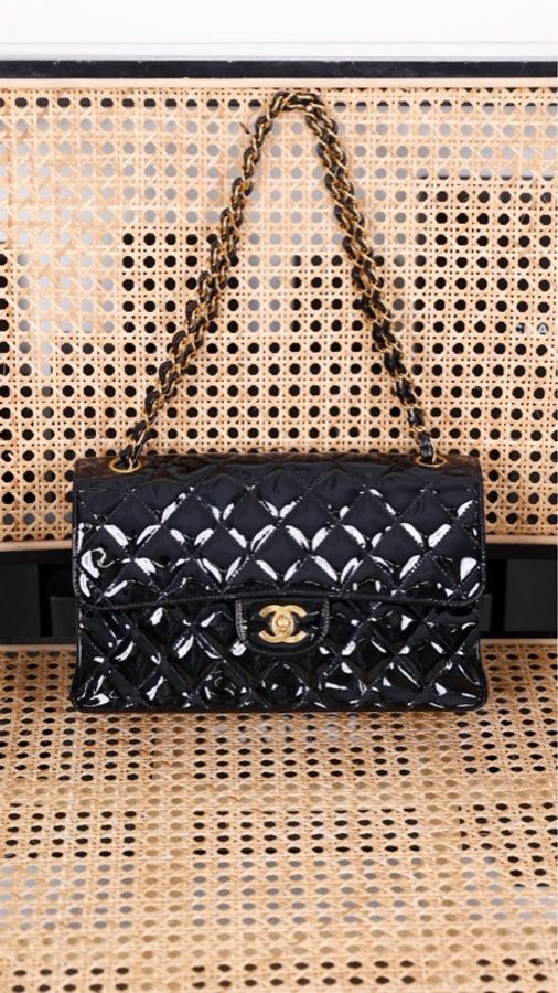 Chanel 4开黑金漆皮书包扣双子星cf中号单肩包-0