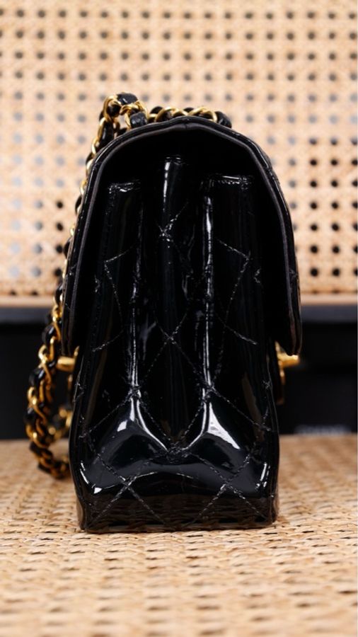 Chanel 4开黑金漆皮书包扣双子星cf中号单肩包-4