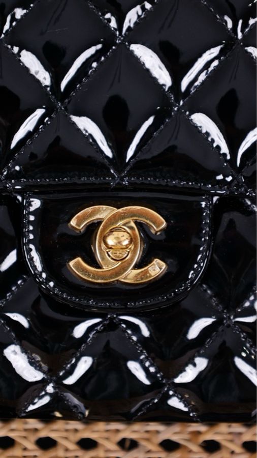 Chanel 4开黑金漆皮书包扣双子星cf中号单肩包-30