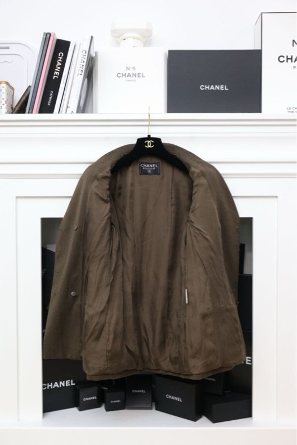 Chanel 96年摩卡棕羊毛双排扣琉璃扣长外套-4