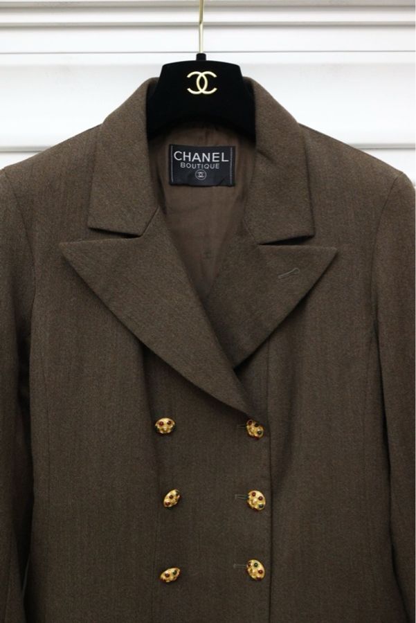 Chanel 96年摩卡棕羊毛双排扣琉璃扣长外套-6