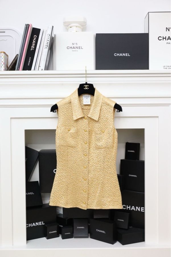 Chanel 96年秀款黄棕菱格纹西阵织翻领外套半裙马甲三件套套装-8