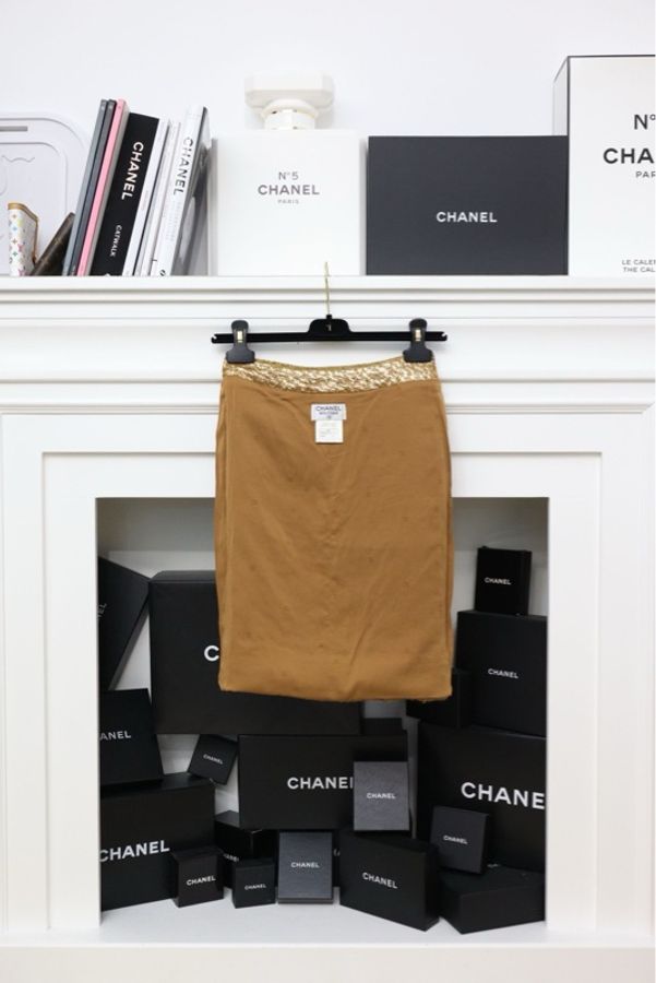 Chanel 96年秀款黄棕菱格纹西阵织翻领外套半裙马甲三件套套装-15