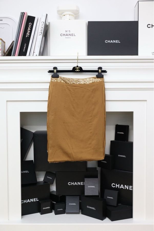Chanel 96年秀款黄棕菱格纹西阵织翻领外套半裙马甲三件套套装-18