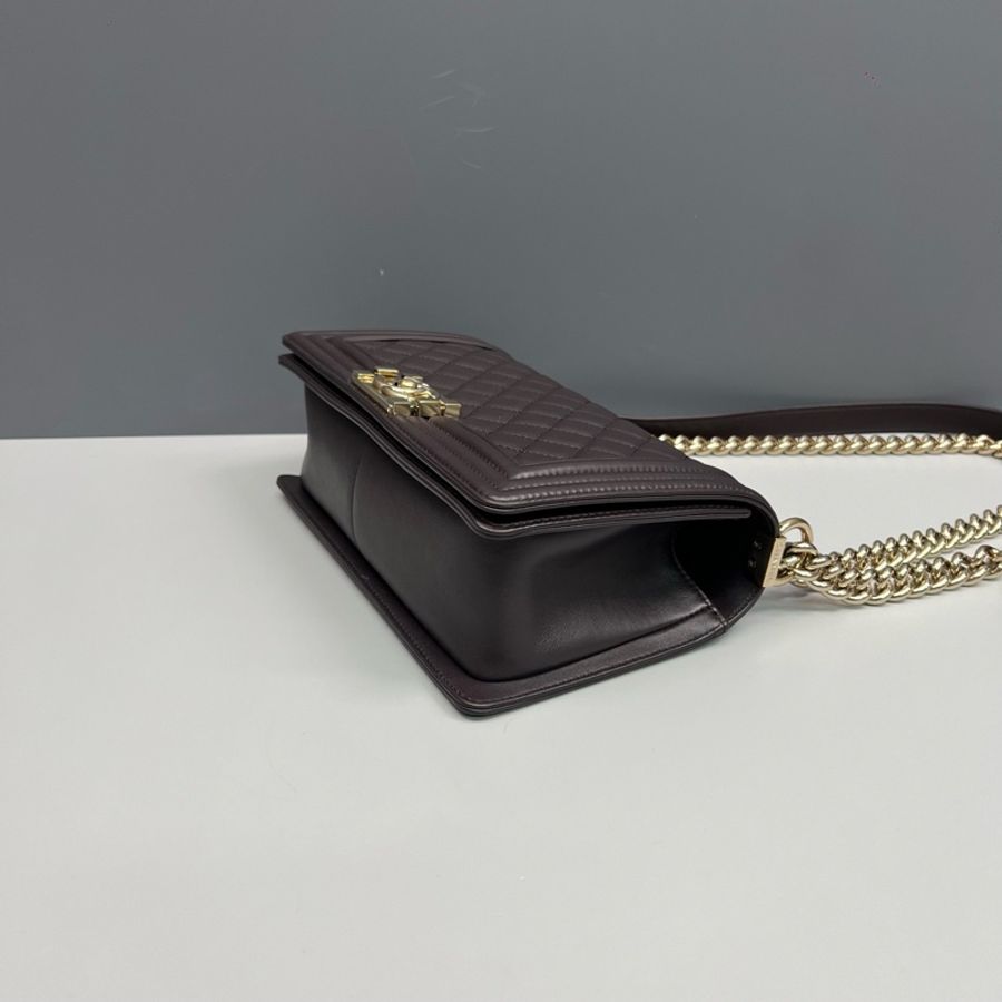 Chanel香奈兒 絳紫色全皮金扣中號Leboy鏈條包 芯片款-3